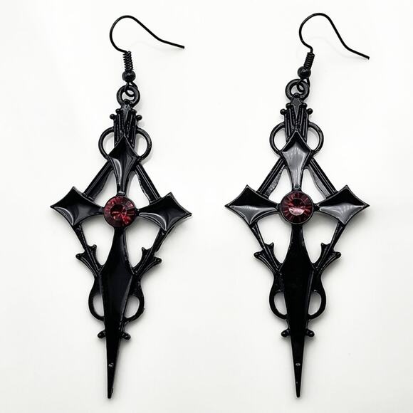 Red Jeweled Black Pointed Cross Earrings - Picture 1 of 3